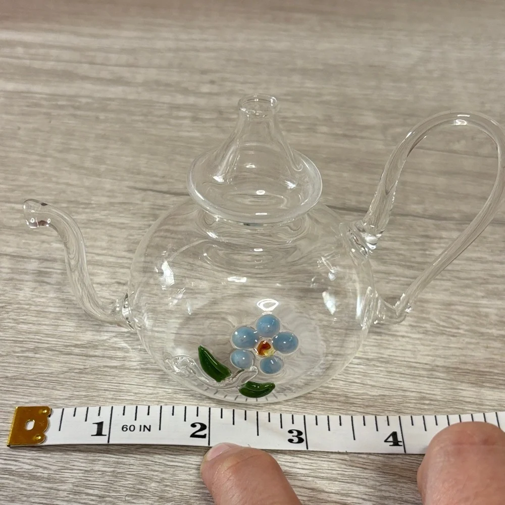 Clear Glass Teapot with Blue Flower Design